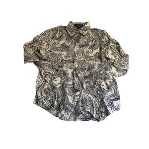 Lauren Ralph Lauren Shirt Petite Womens M Black White Paisley  Button Front